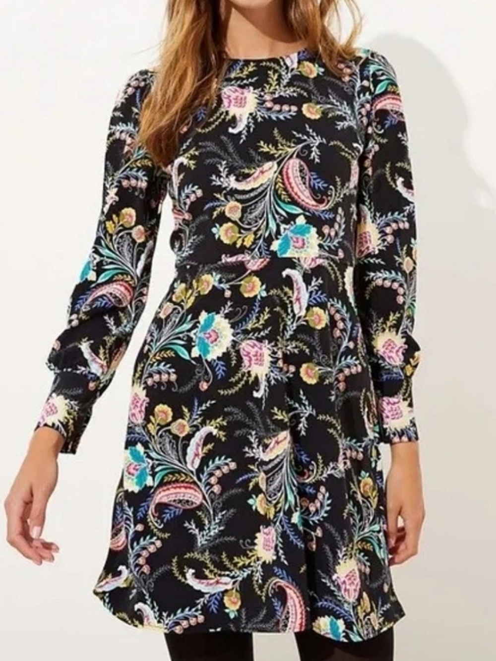 NWOT LOFT Long Sleeve Flare Dress in Black Floral Paisley Print Dress Size 2P